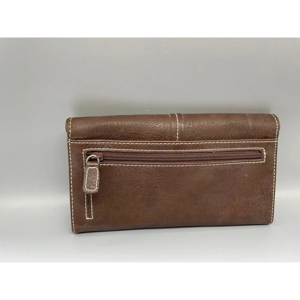 Nine West Womens Bifold Clutch‎ Wallet Brown Faux Leather White Stitching